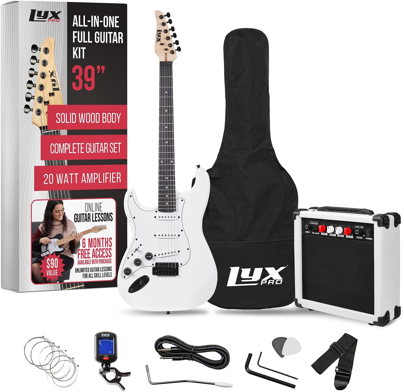 LyxPro Left Hand 39in Electric Guitar Starter Kit White Amp Case Tuner Picks