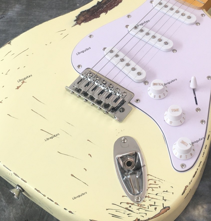 Vintage Aged Electric Guitar Tremolo Bridge SSS Pickups Chrome Hardware White