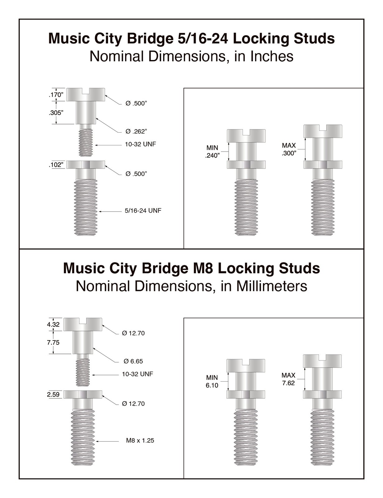 Music City Bridge Locking Tailpiece Studs, 5/16-24, Aged Nickel