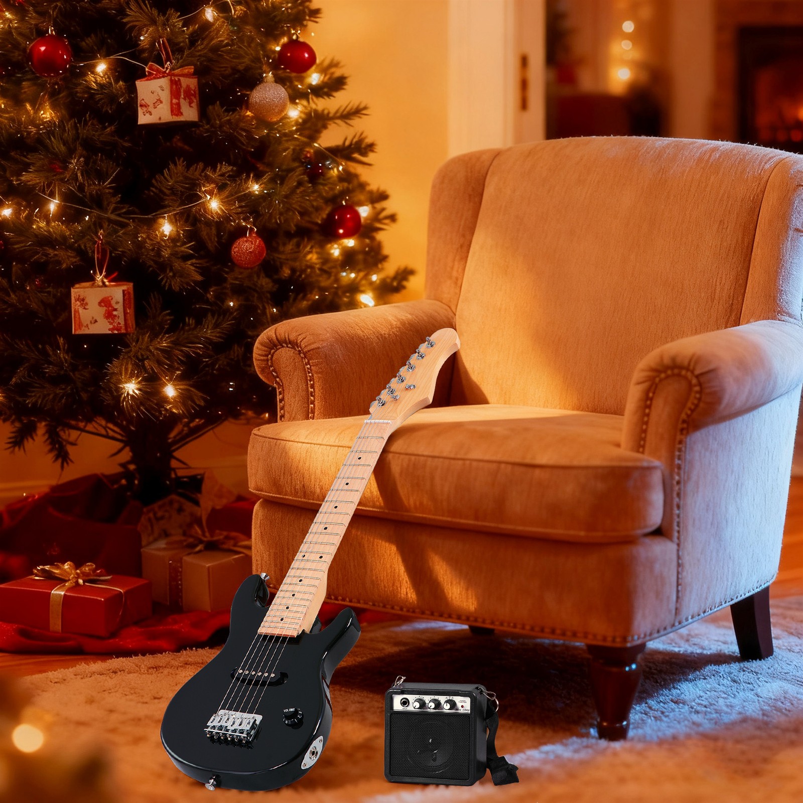 30″ Electric Guitar Kids Guitar w/ 5w Amplifier & Accessory Kit Wood Body Black
