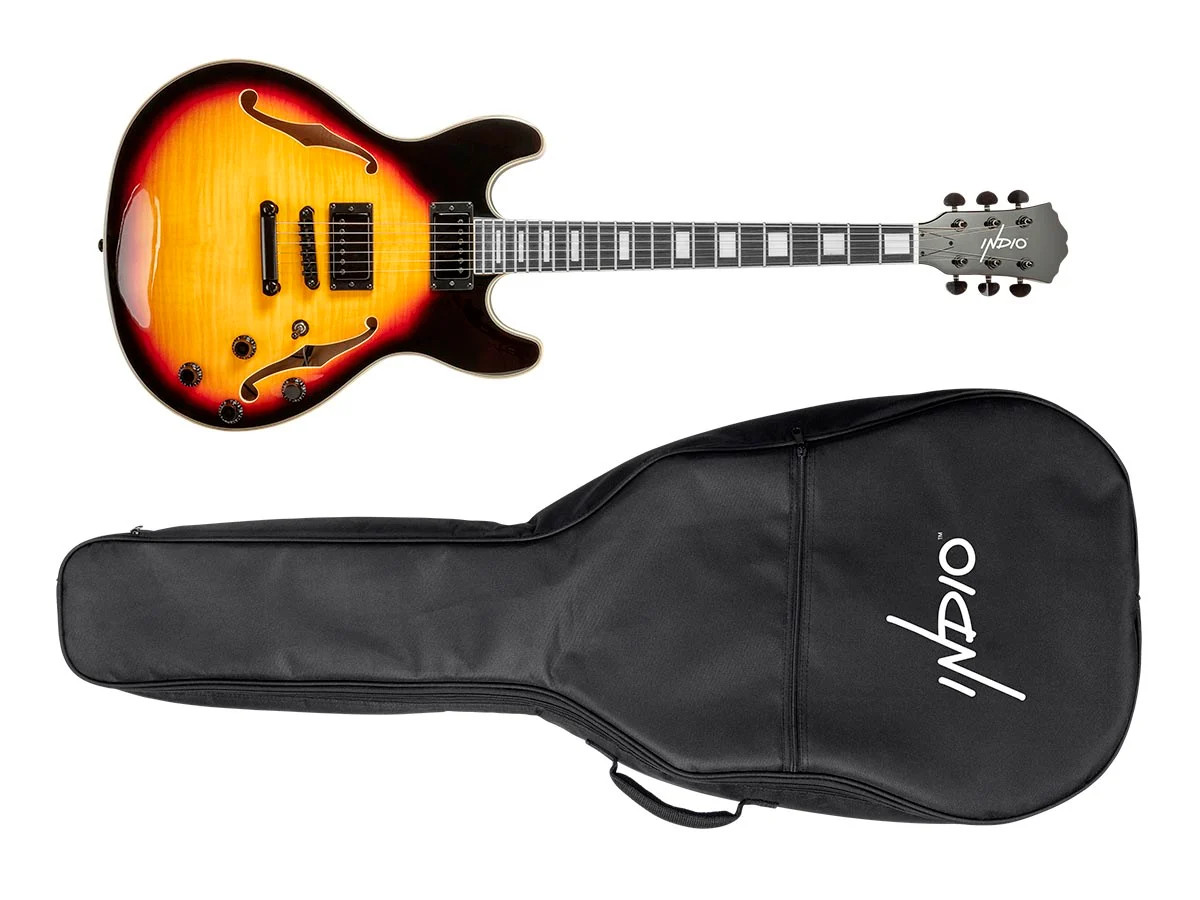 Monoprice Indio Boardwalk Flamed Maple Hollow Body Electric Guitar – Sunburst