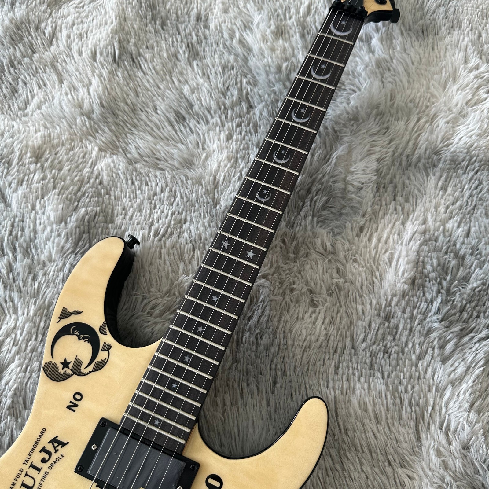 Natural Wood Hand-Drawn Electric Guitar, Black White Graffiti Graphic, Double Tr