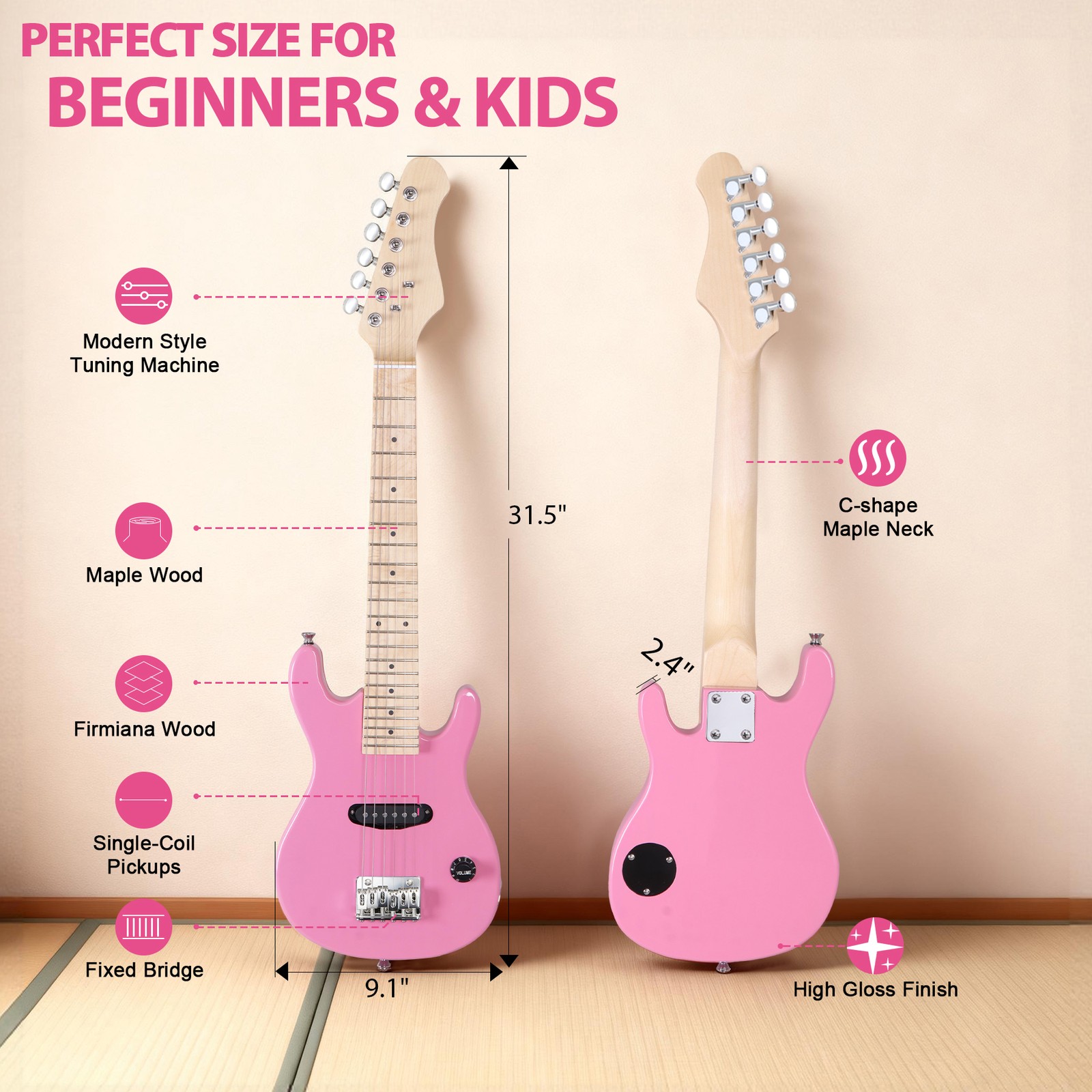 Pink 30″ Kids Child with 5 Watt Amp Gig Bag Case Electric Guitar 6 String