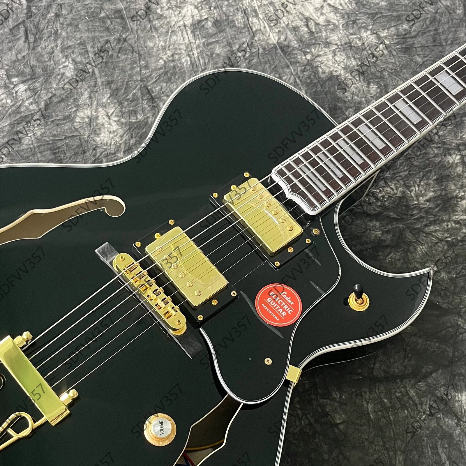 Semi Hollow Electric Guitar Black Dual Humbucker Gold Hardware Stainless Frets