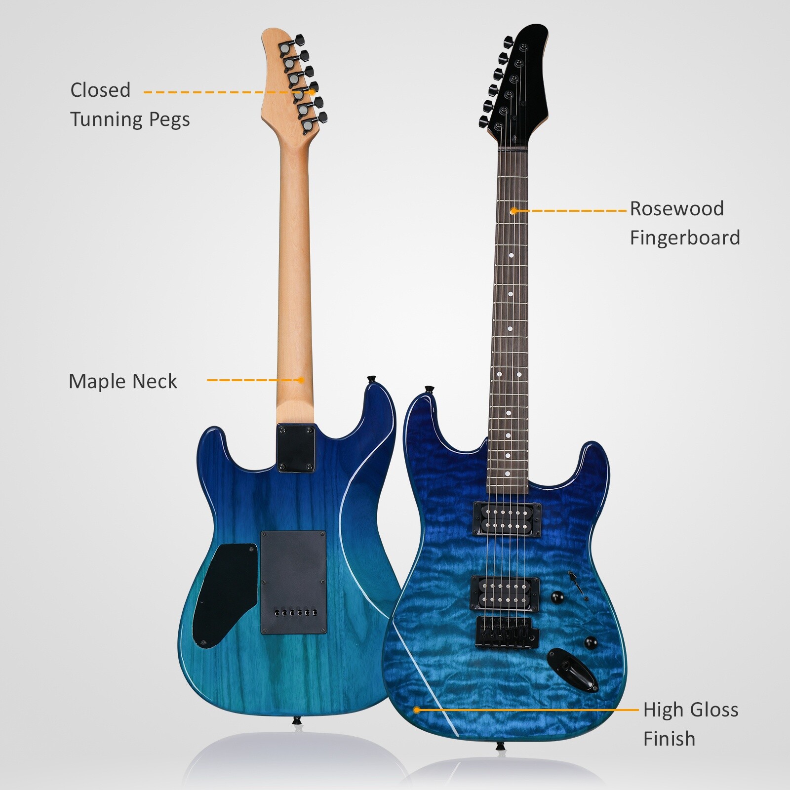 39″ Beginner S-Style Electric Guitar Set – Tremolo Full Size HH Pickups Blue