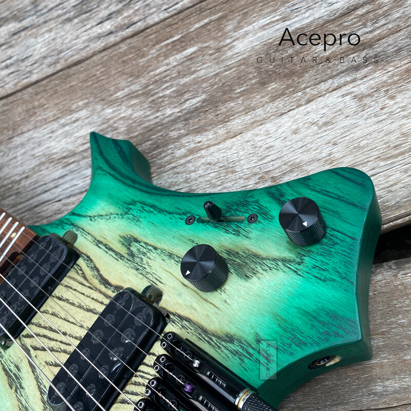 Green Burst Headless Electric Guitar Jumbo Stainless Steel Oblique Fret Ash Body