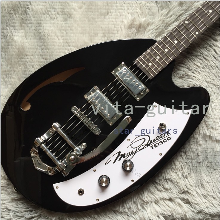 Semi Hollow Body Black Color Electric Guitar F Hole Mini Pickups Chrome Hardware