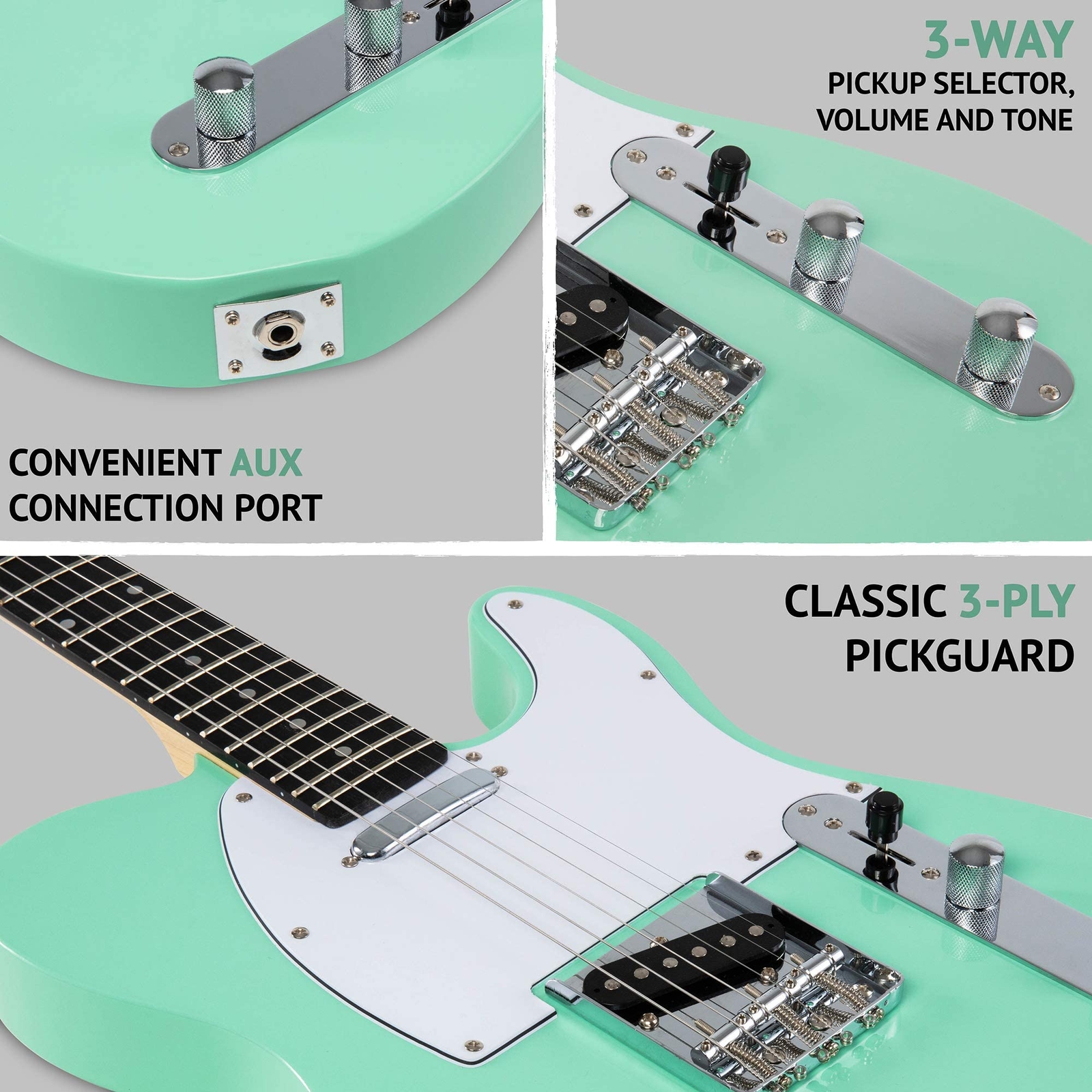 LyxPro 39″ Telecaster Style Electric Guitar, Full-Size Paulownia Body, Green