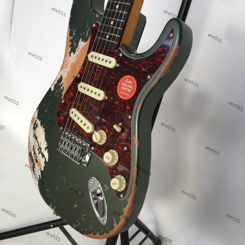 no logo electric guitar aged Dark green tremolo bridge SSS pickups fast delivery