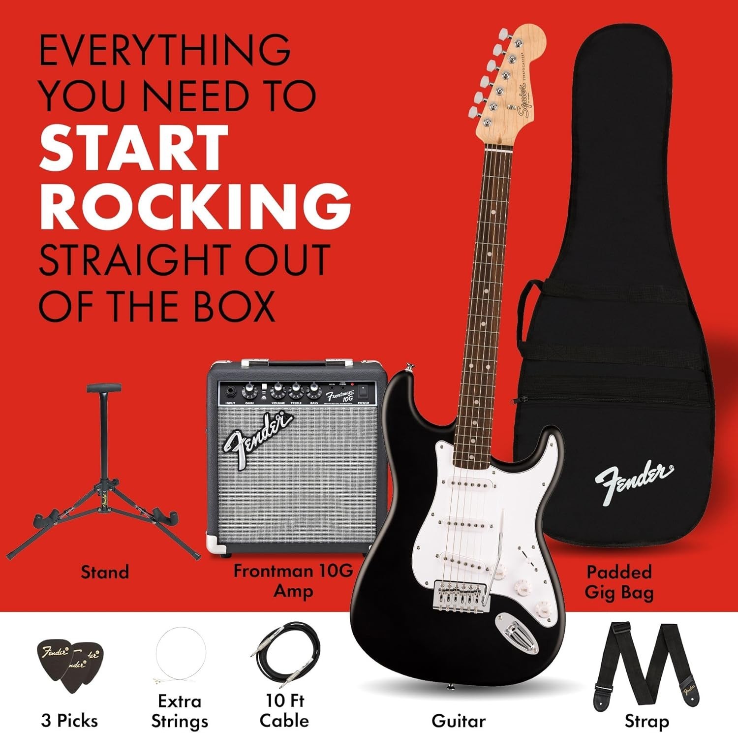 Squier Debut Stratocaster Beginner Electric Guitar Kit, Matte Black | Complet…