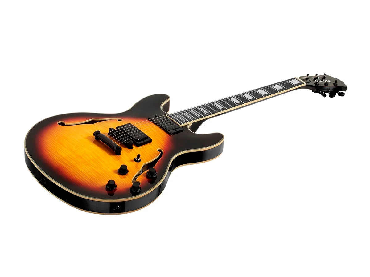 Monoprice Indio Boardwalk Flamed Maple Hollow Body Electric Guitar – Sunburst