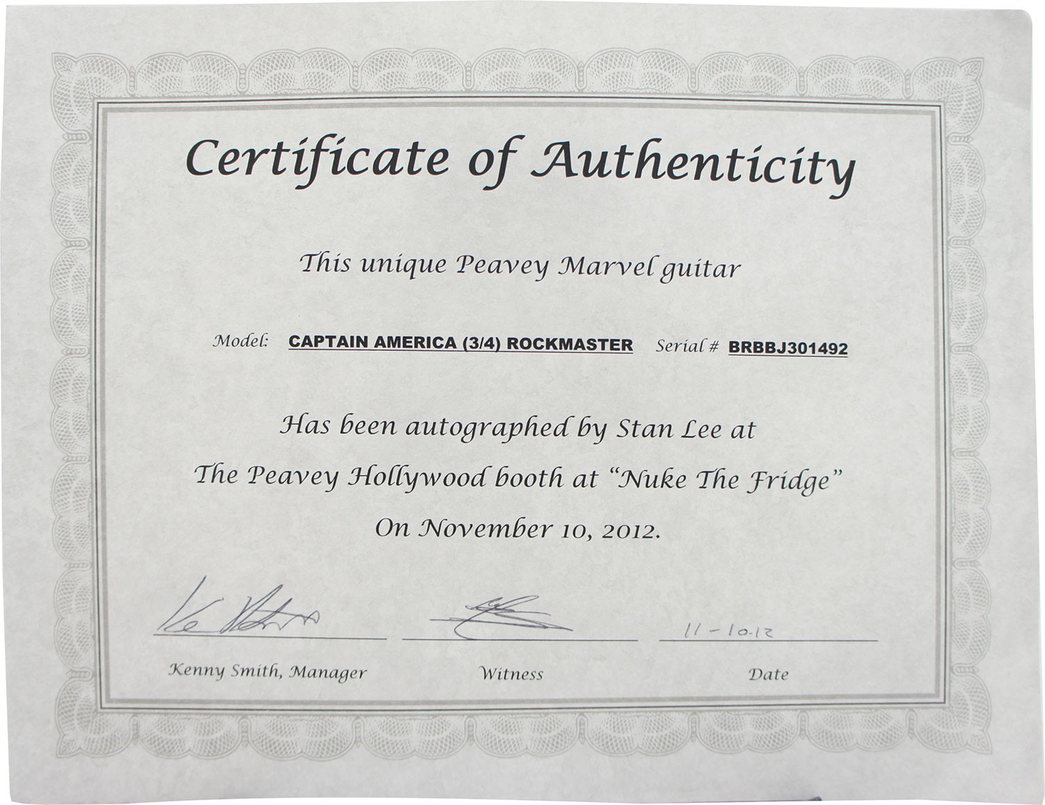 Stan Lee Signed Peavey Marvel Captain America 3/4 Electric Guitar & Certificate!