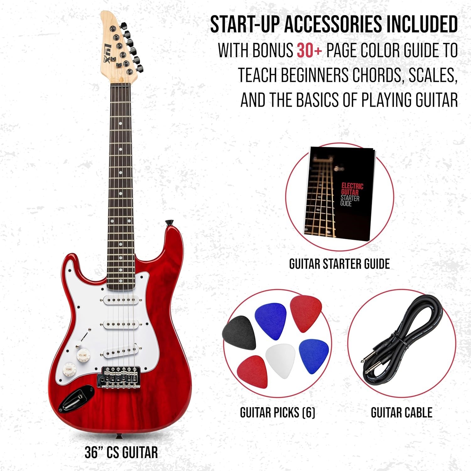 LyxPro CS 36in Left Hand Electric Guitar Kit Amp Cable 6 Picks Guide Red