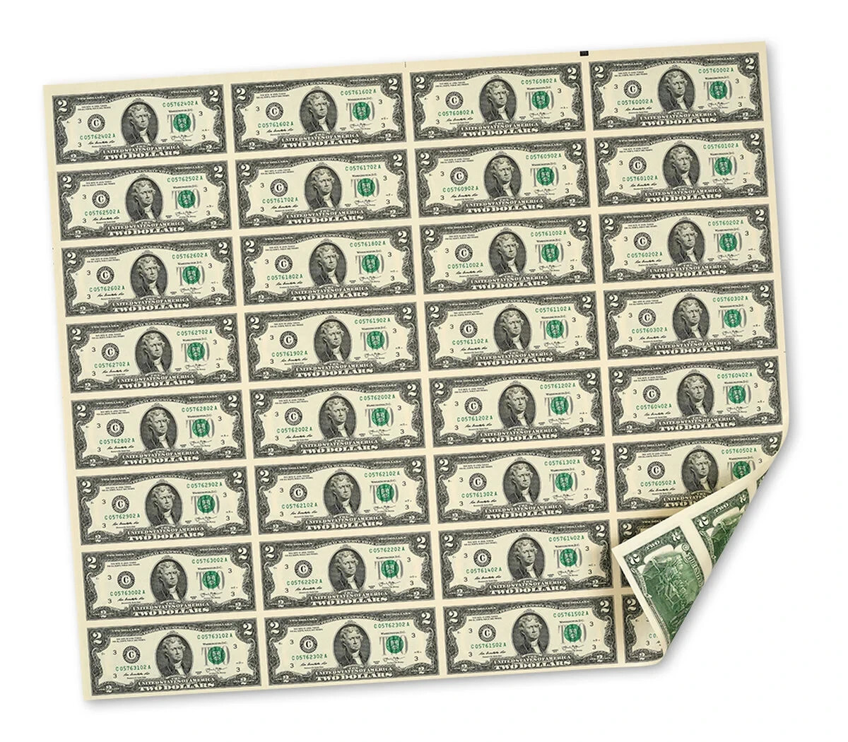 Uncut Sheet of (32) U.S. $2 Two Dollar Bills NEW Item #1102.