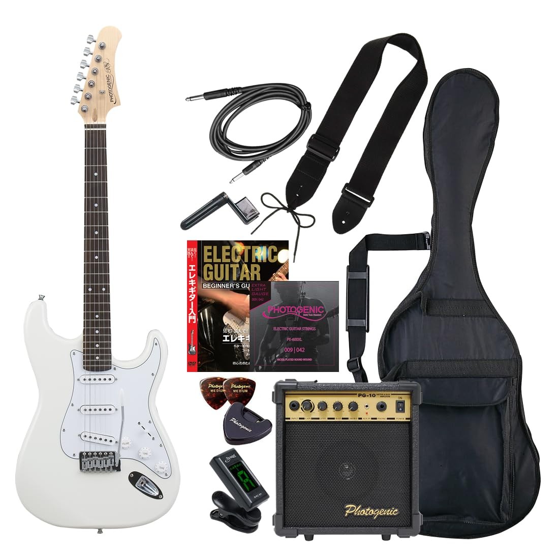 PhotoGenic Electric Guitar Beginner’s Set, ST Type ST-180/WH, White [Includes So