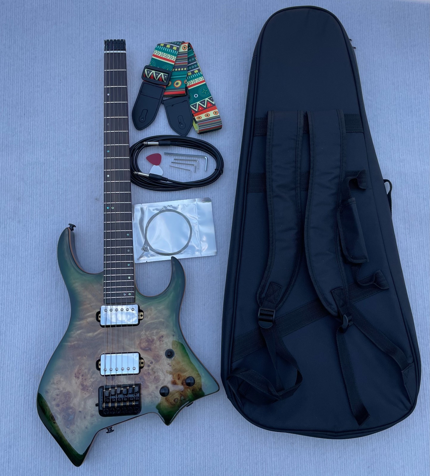 Headless / Travel 6 String Electric Guitar Solid Body Glossy Finished Burl Top