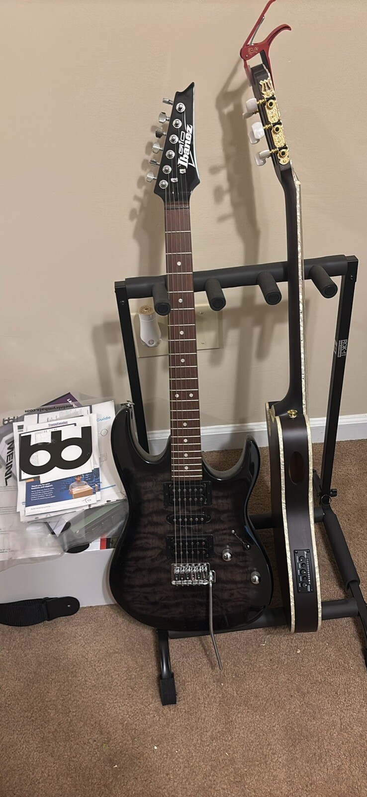 Ibanez Gio GRX70QA Electric Guitar and Orange Crush 12 Amp Essentials Bundle –