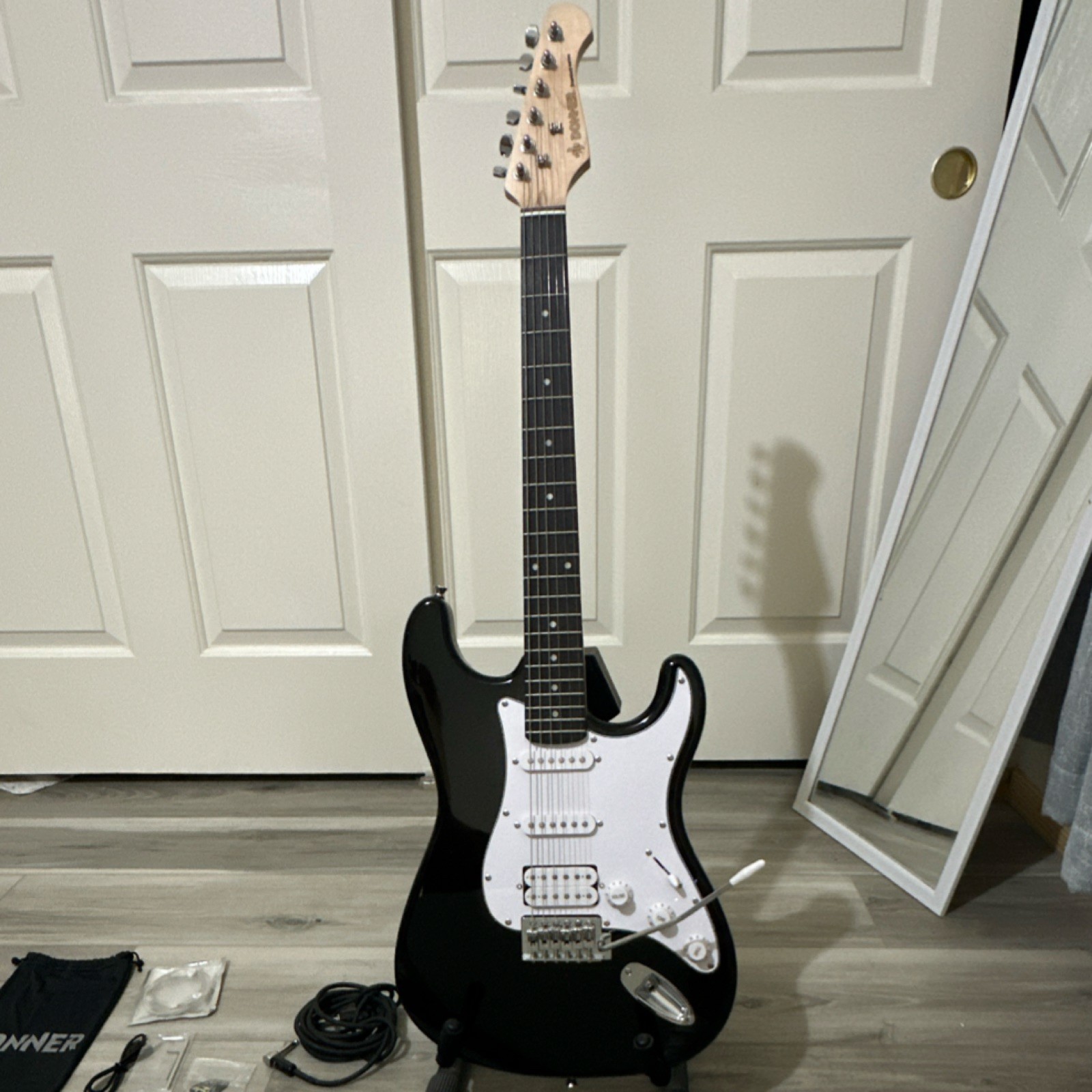 Donner Electric Guitar Black 6 String w/ Gig Bag, Cable, Strap, Amp