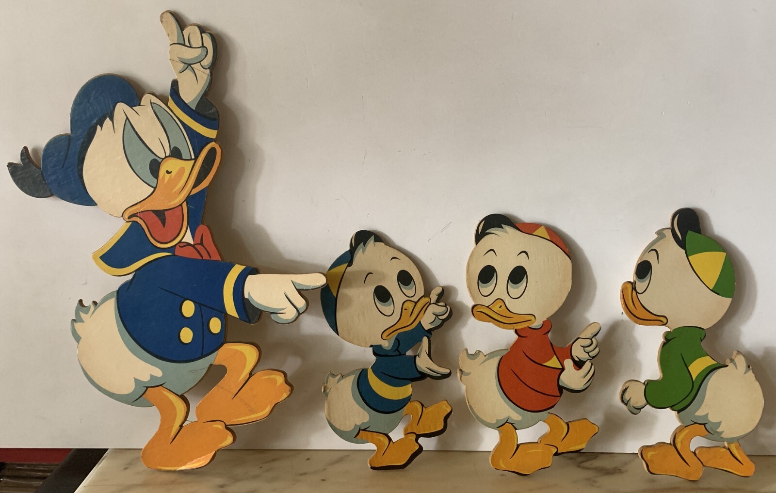 VINTAGE LARGE FIGURE WOOD set WALT DISNEY DONALD DUCK HUEY DEWEY LOUIE 1960s
