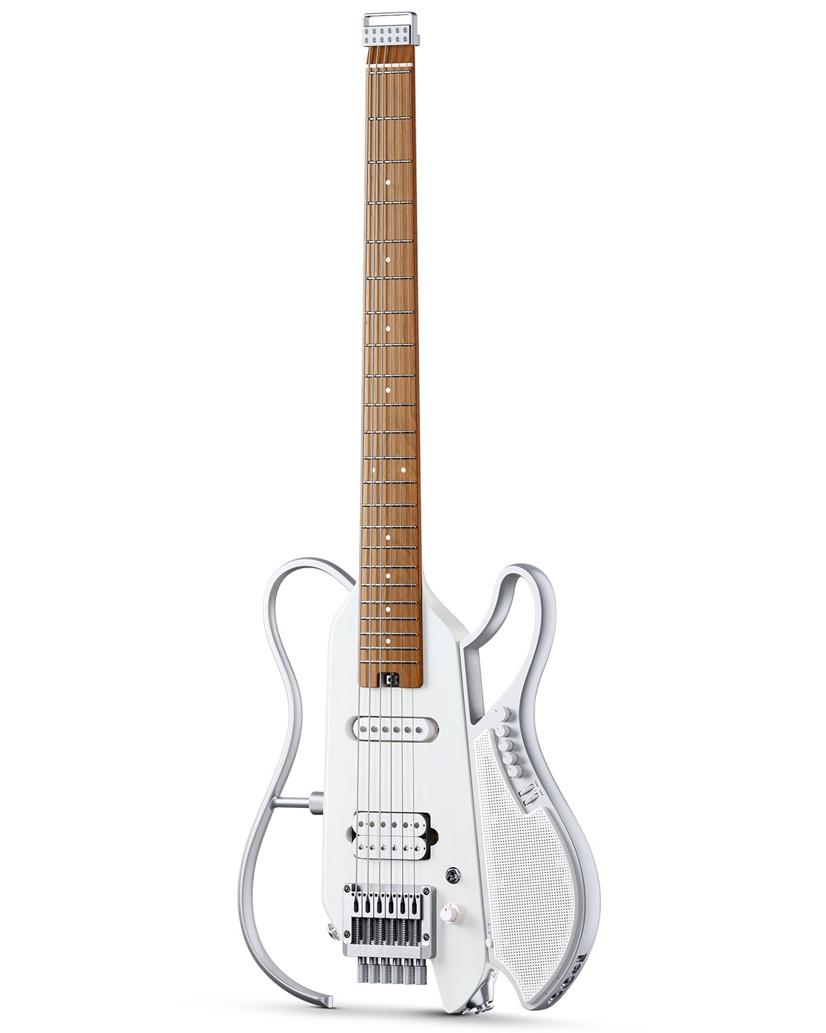 Donner HUSH-X Live Silent Practice Guitar White Headless Detachable Speaker.