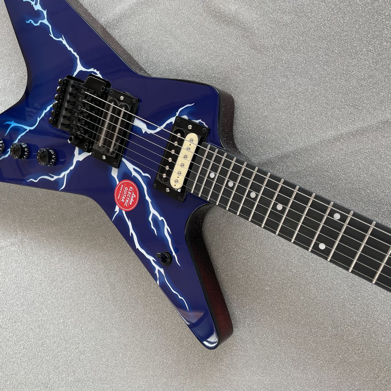 Electric Guitar Double Tremolo H-H Pickups Lightning Print Blue Finish Black HW