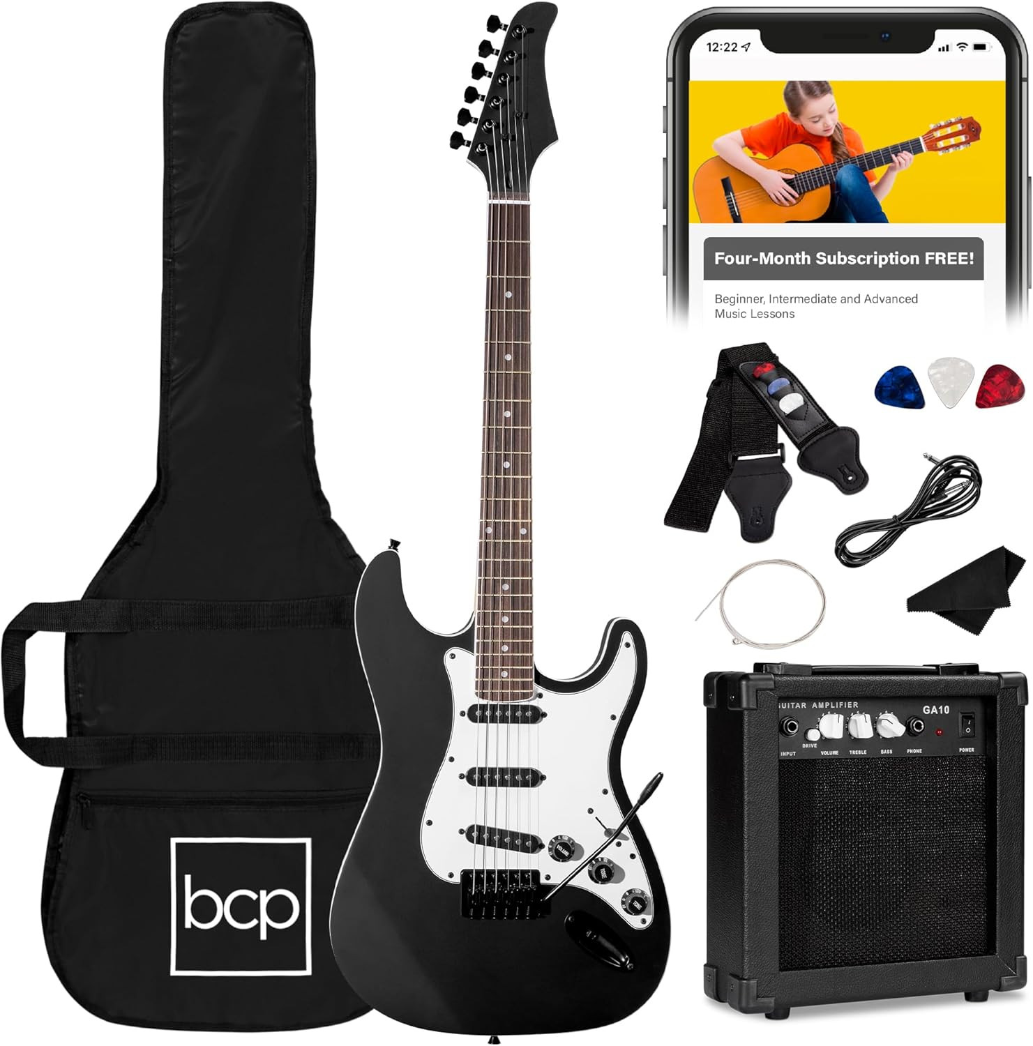 39In Full Size Beginner Electric Guitar Starter Kit W/Case, Strap, 10W Amp, Stri