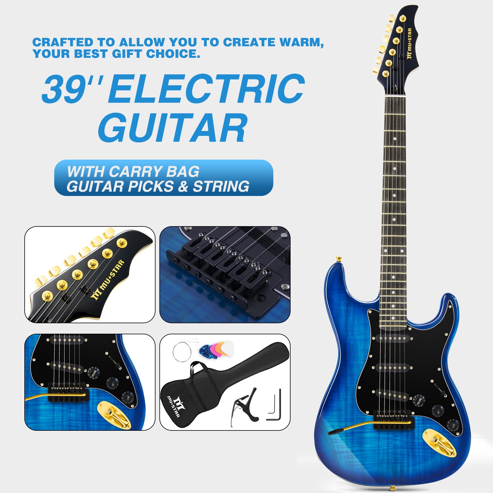 MUSTAR Blue 39″ Electric Guitar 6 String for Beginner with 25W AMP+Bag Pack Kits
