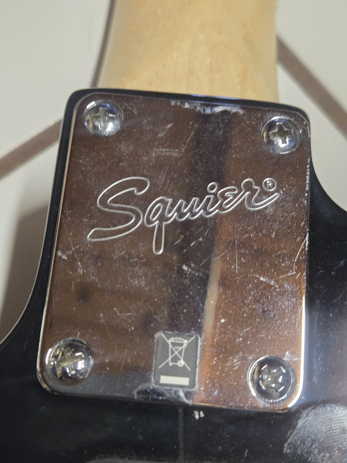 Black Fender Squire Mini With A Perri’s Skull Strap 2007
