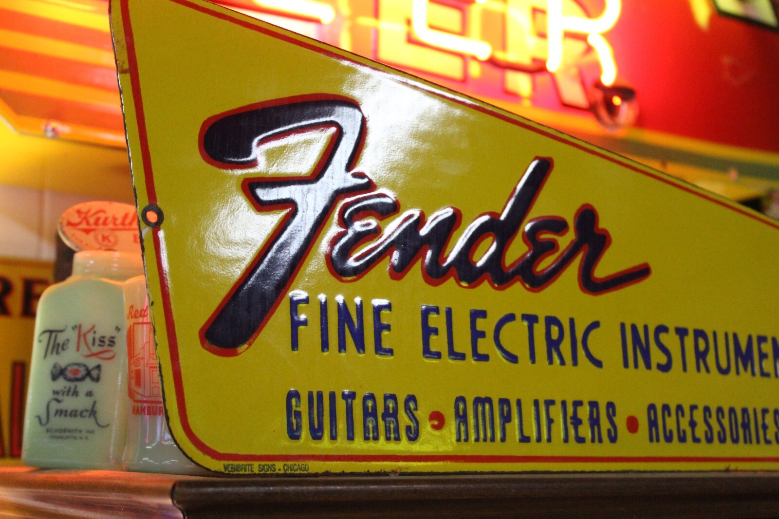 RARE LARGE FENDER GUITAR AUTHORIZED DEALER PORCELAIN METAL SIGN AMP ROCK BEATLES