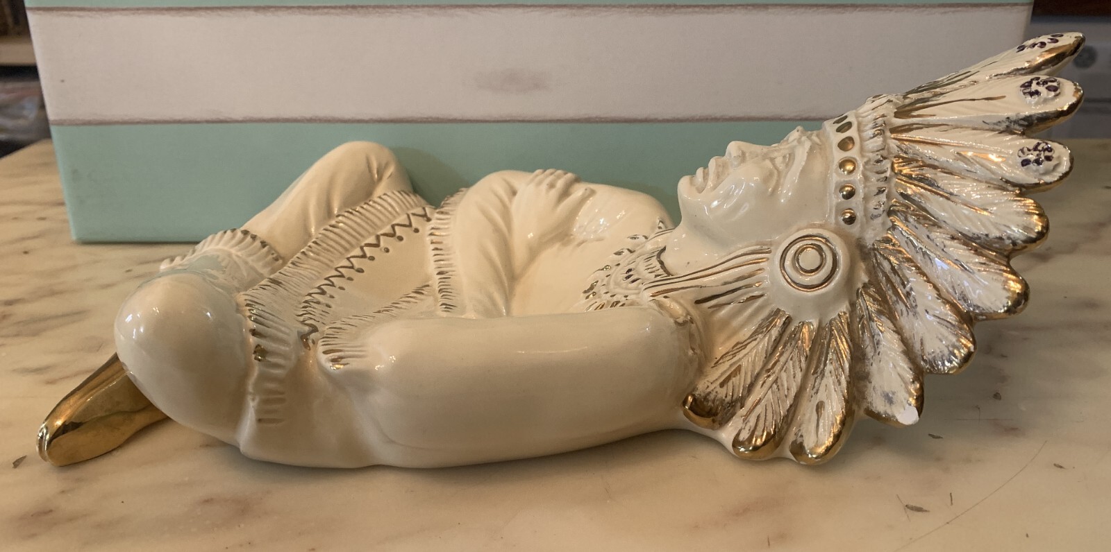 VINTAGE 11″ LARGE FIGURE CERAMIC COIN TRAY AMERICA INDIAN NATIVE MADE IN ITALY