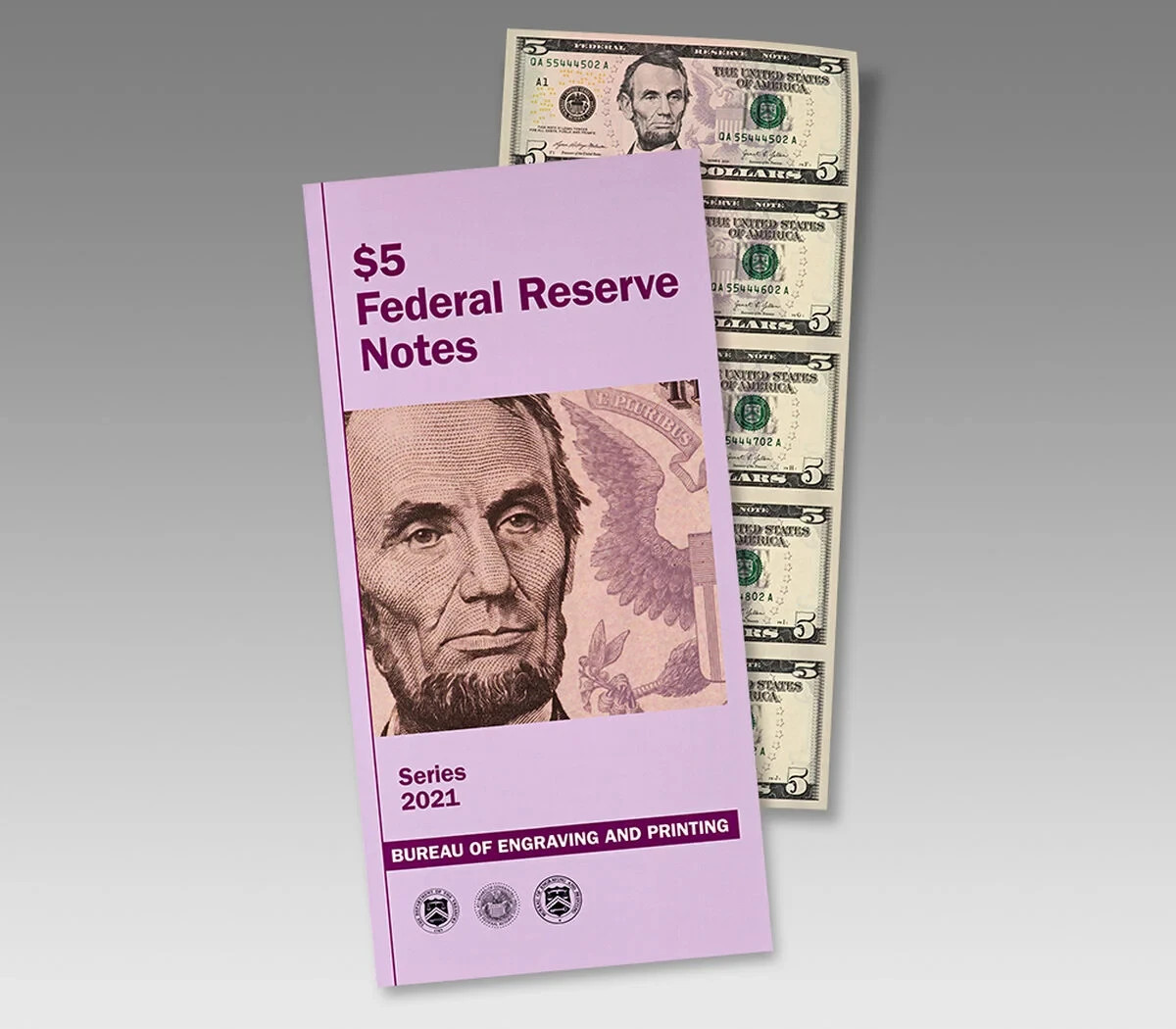 Sheet of 5 uncut $5 Dollar Bills brand new includes the protective cover #891.
