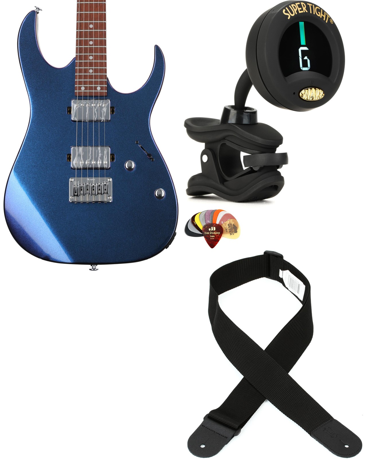 Ibanez GRG121SPBMC + Snark ST-8 + Dunlop PVP101 + Levy’s M8POLY-BLK Value B