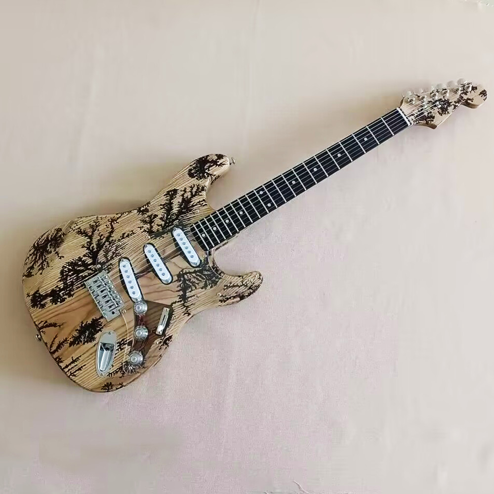 6 String Ash ST Lightning Struck Wood Electric Guitar Tremolo 3 Single Pickup