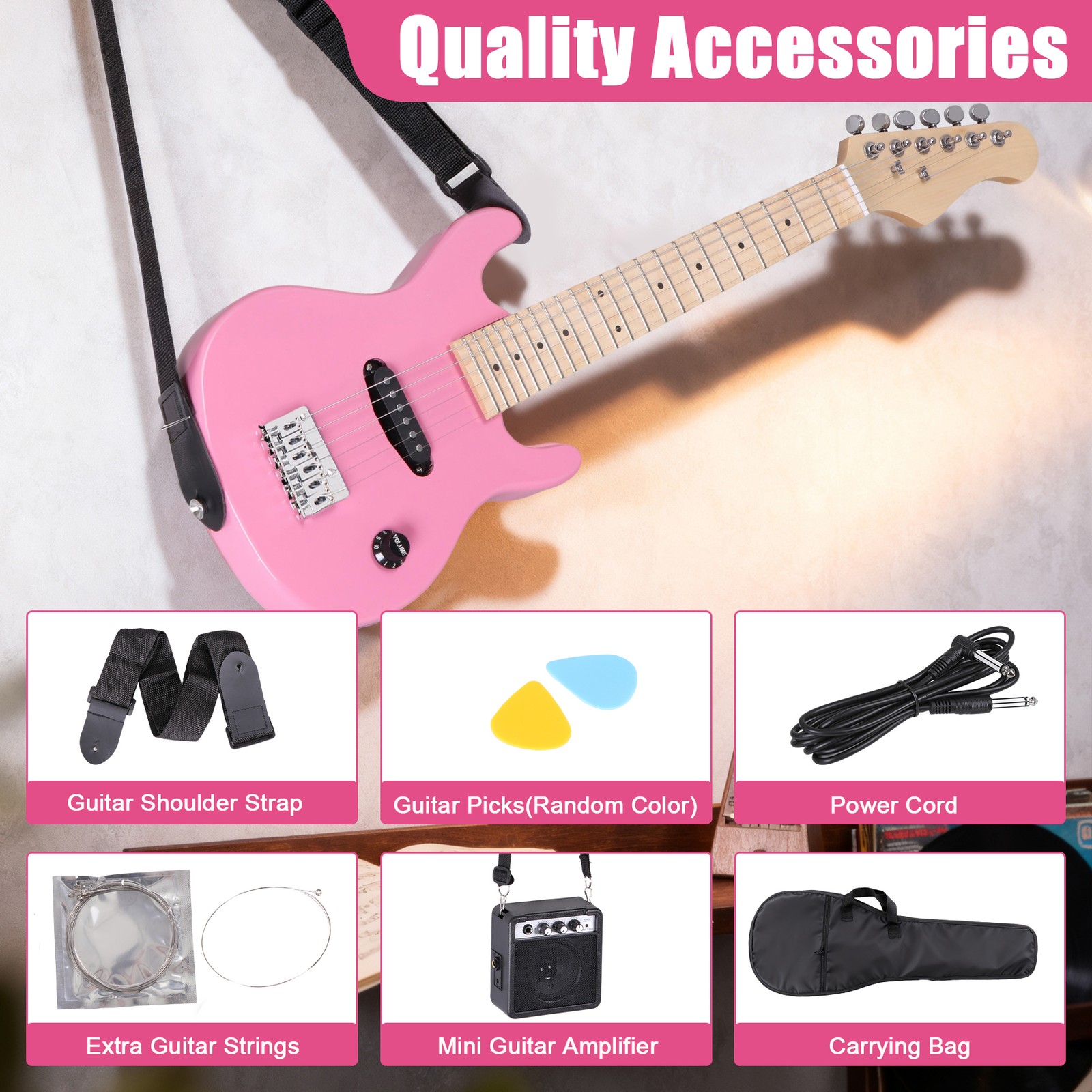 Pink 30″ Kids Child with 5 Watt Amp Gig Bag Case Electric Guitar 6 String