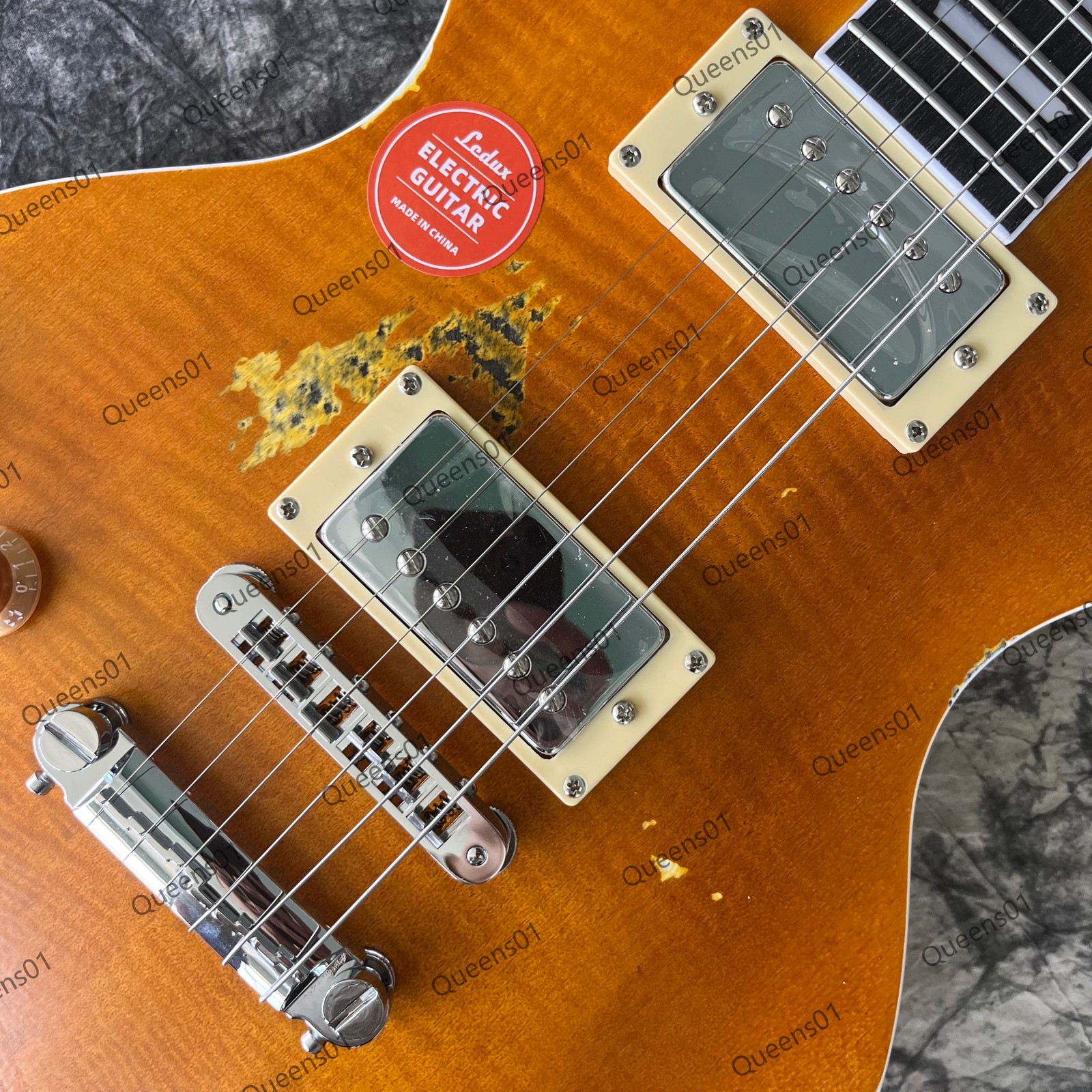 Aged Electric Guitar Flame Maple Top Veneer C Shaped Neck Chrome Parts Yellow