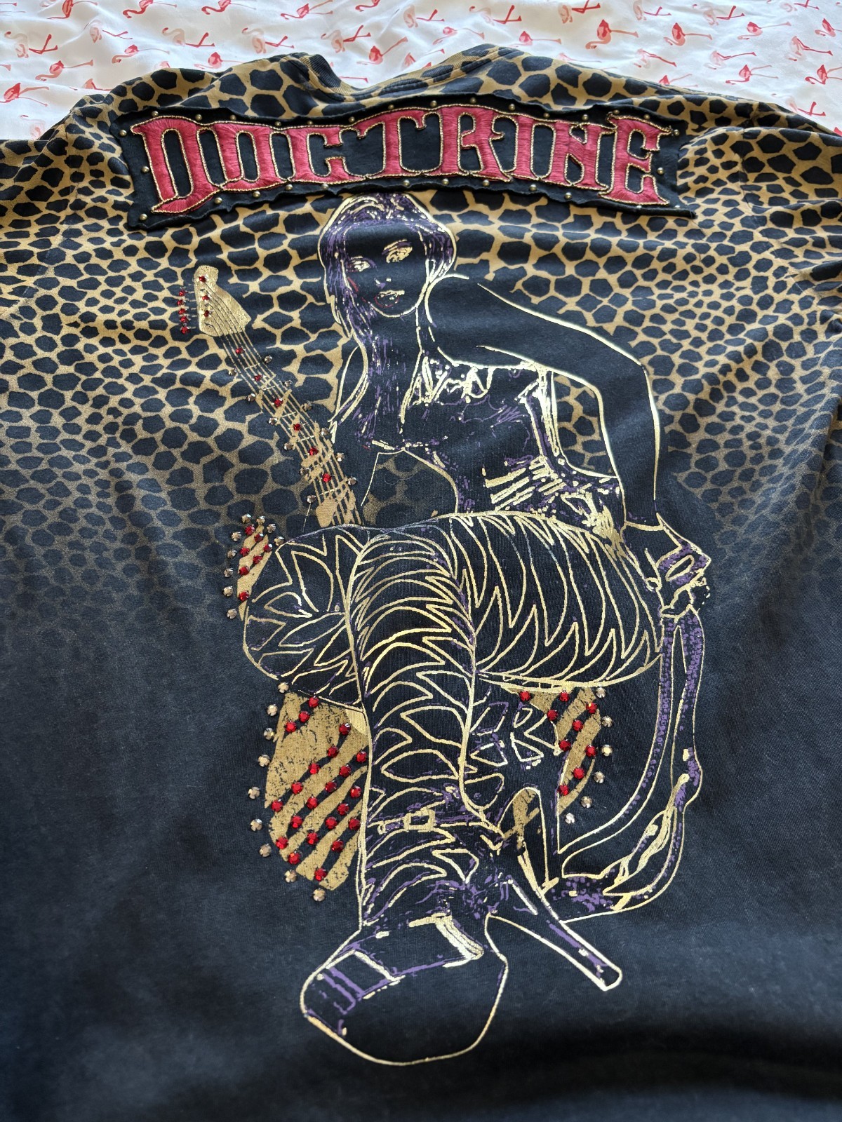 Very Rare Doctrine Shirt Bedazzled Rock and Roll Guitar Girl Large Black