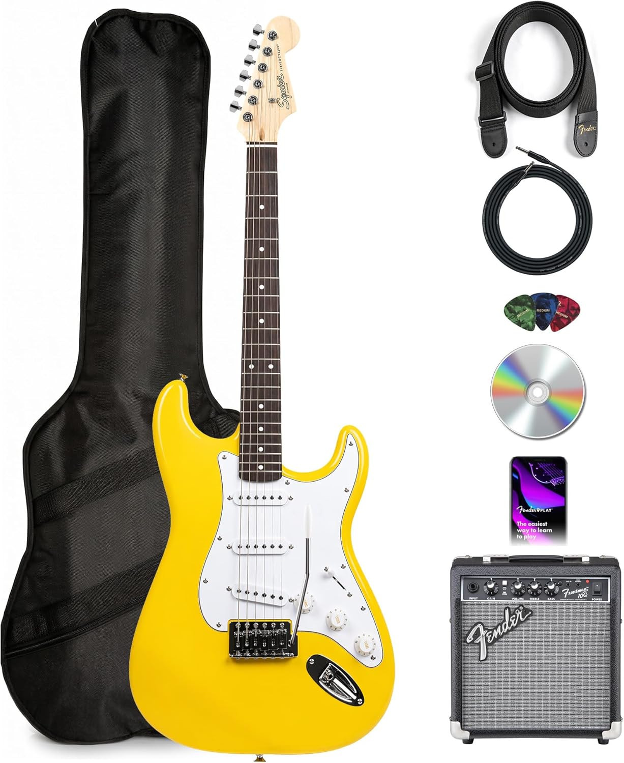 Fender Squier Stratocaster Graffiti Yellow Bundle with Frontman 10G Amp Kit