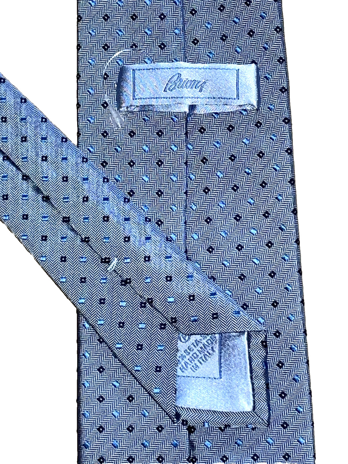 $295 NWOT BRIONI Slate blue geometrics heavy men 3.6″ herringbone silk neck tie