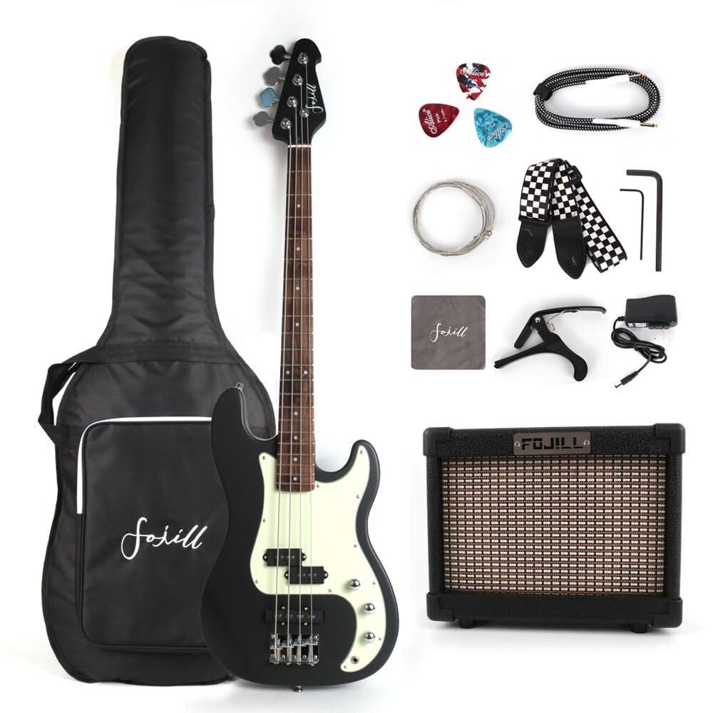 Full size electric PJ bass set with amplifier gigbag strap strings metallic BLK