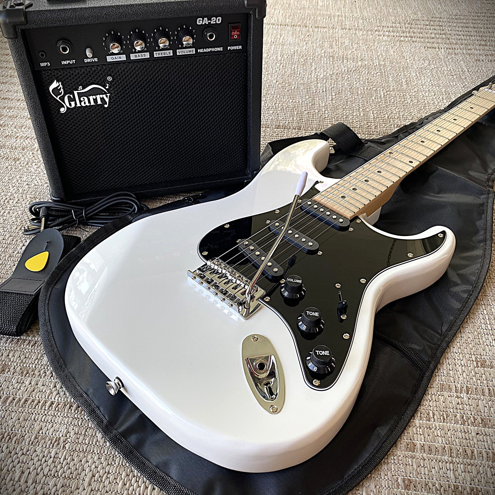 White Electric Guitar Starter Package (Full-Size) w/ 20-Watt Amp Maple Fretboard