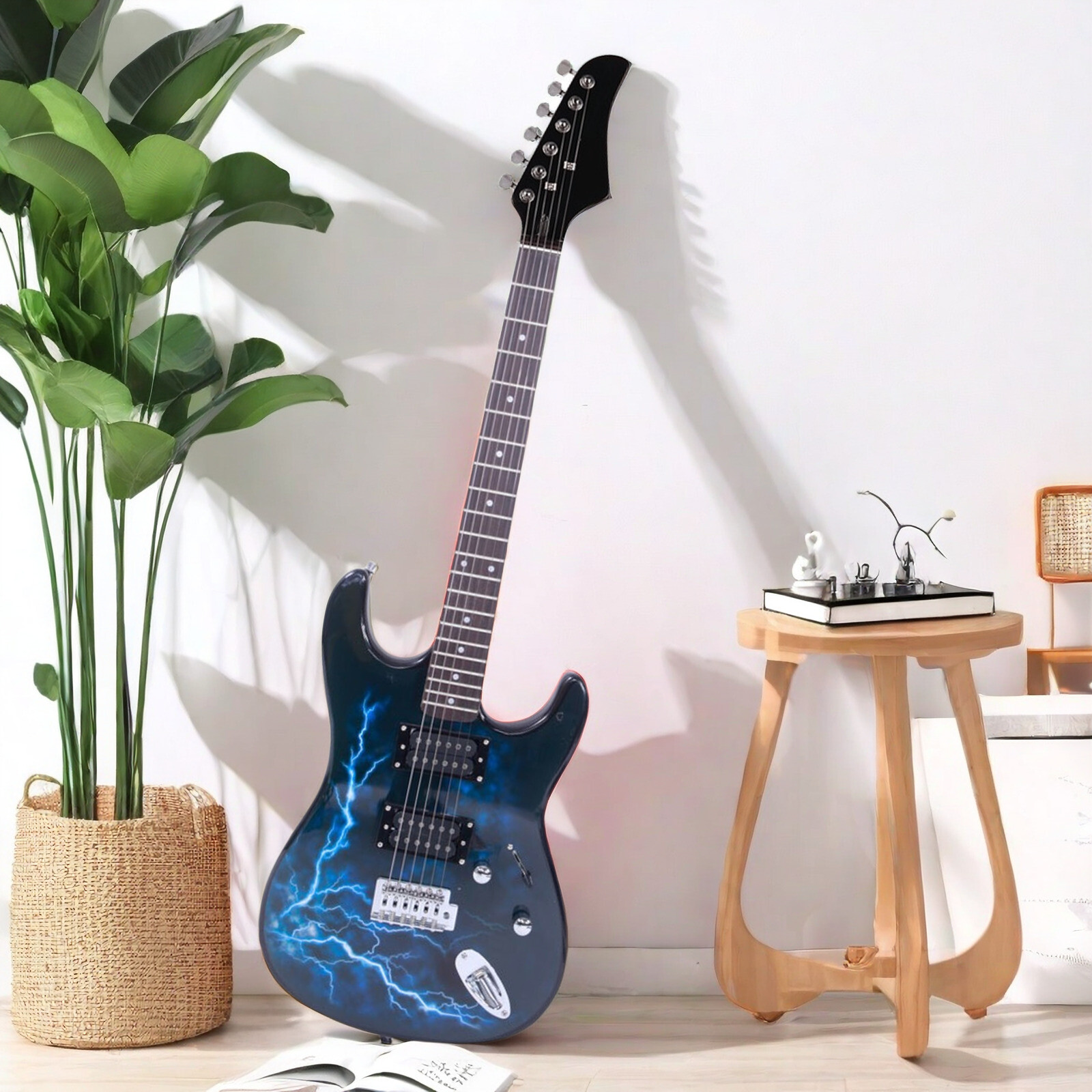 Stylish Black H-H Pickups ST-E Electric Guitar Set With Lightning Patterns