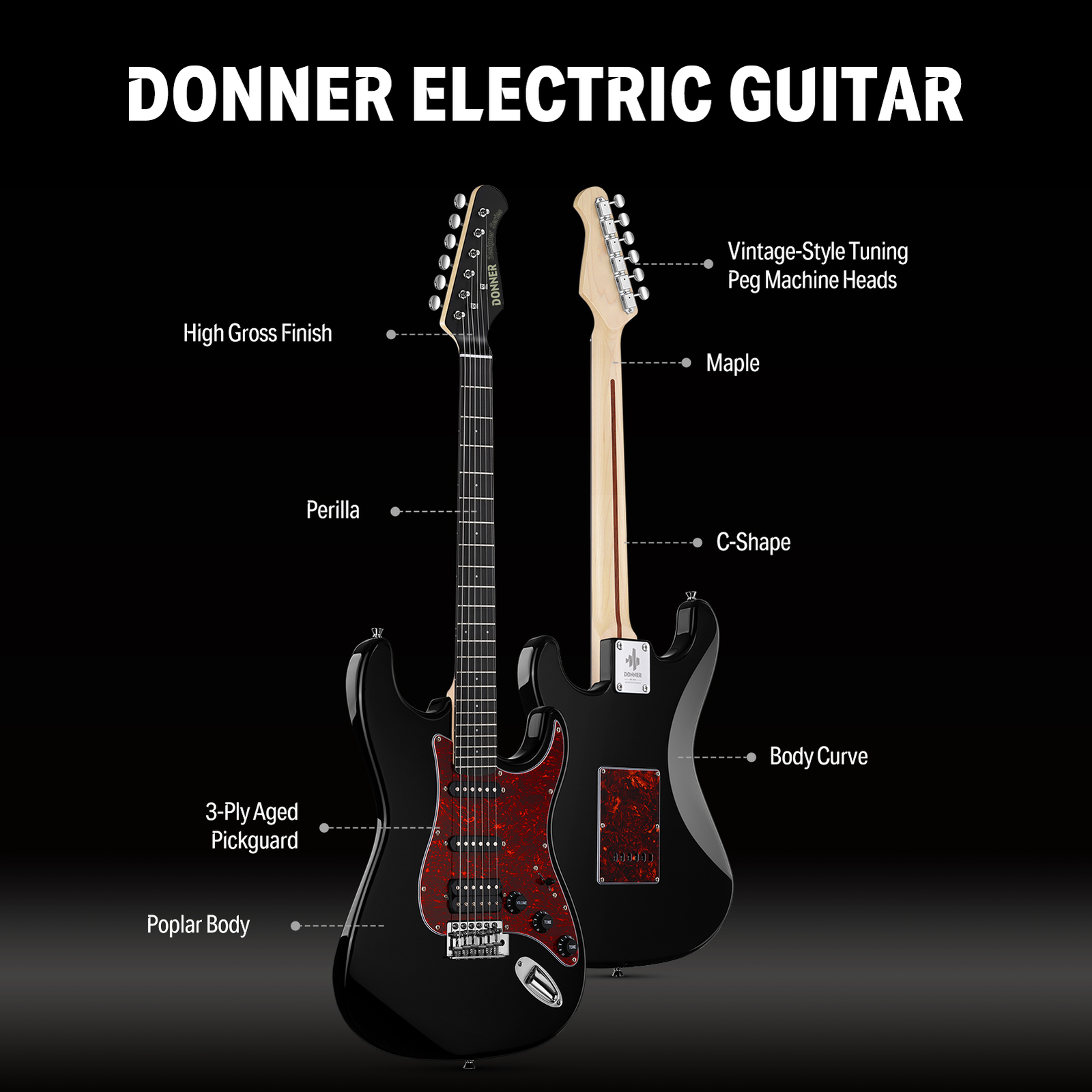 Donner DST-200 Electric Guitar With Gig Bag Strap Cable Online Lessons Black