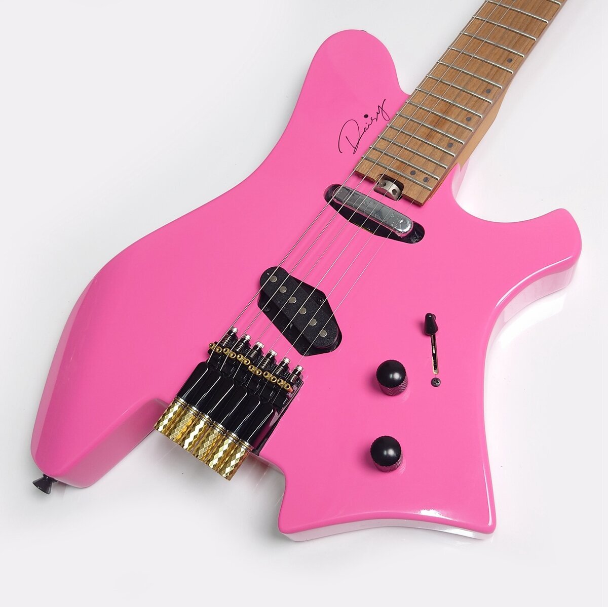 6-String Pink Headless Electric Guitar Solid ASH Wood 2 Pickups Maple Fretboard