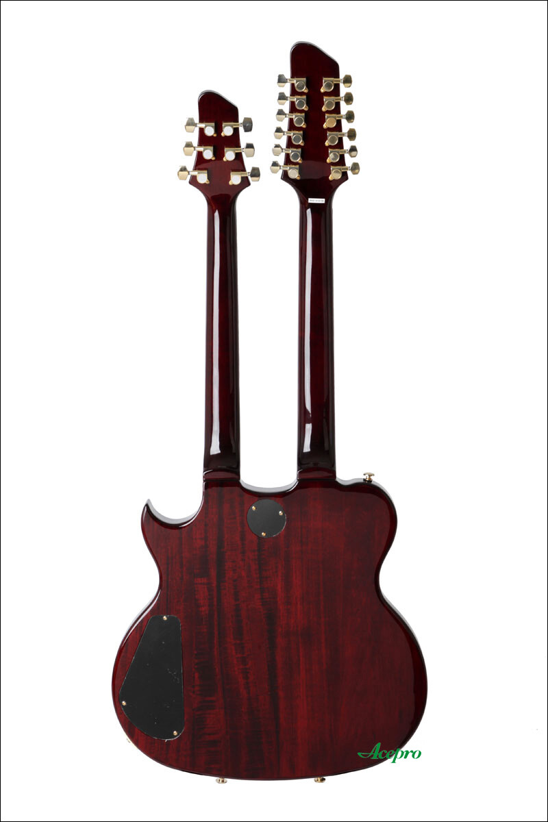 Acepro Wine Red Double Neck Electric Guitar Carved Top Abalone Custom Stem Inlay