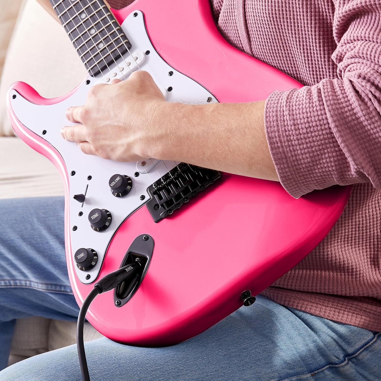 LyxPro 39in Left Handed Electric Guitar Kit Amp Tuner Strap Case Cable Full Pink