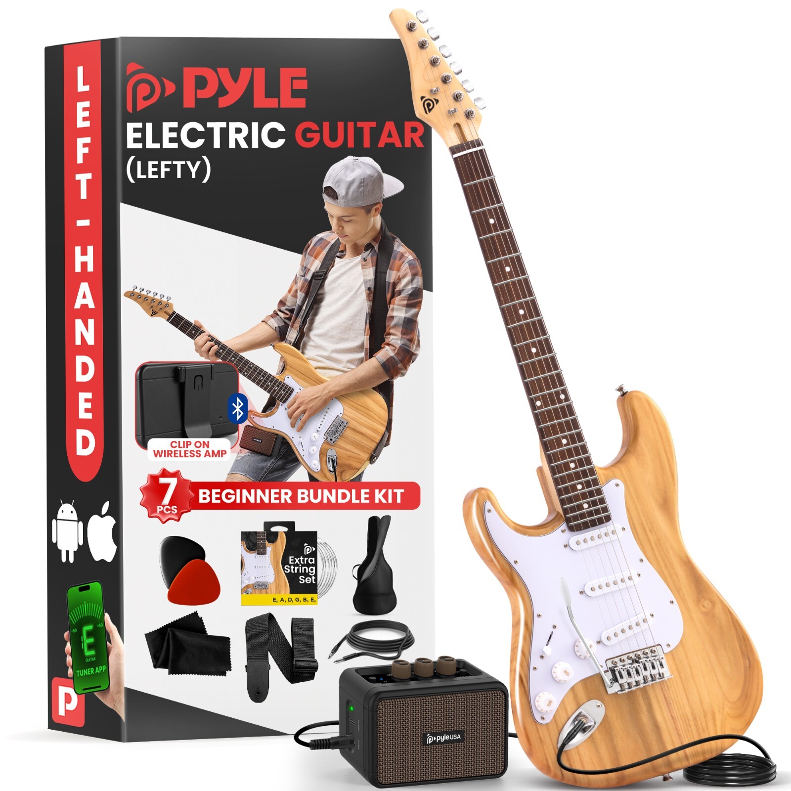 Pyle Electric Guitar – 6-String Electric Guitar- (Nature, Left-hand)