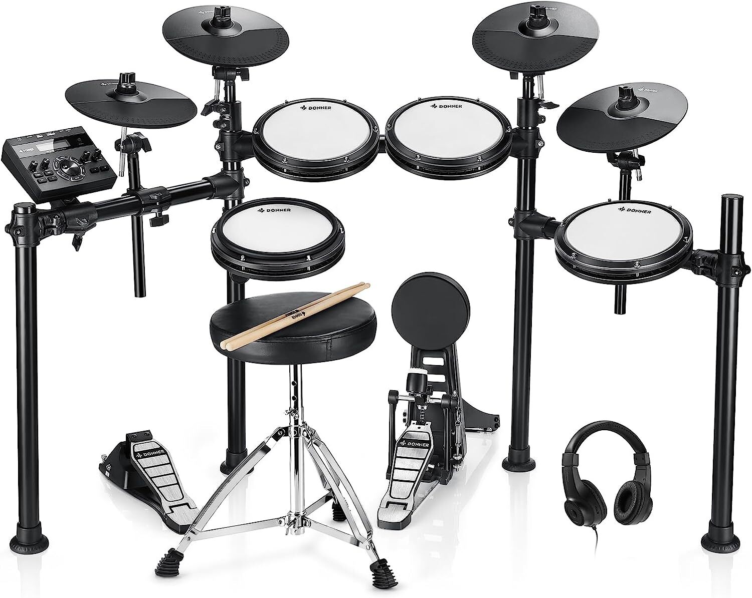 Donner DED-200X Electric Drum Set Dual Zone Mesh Pads With Throne Headphones