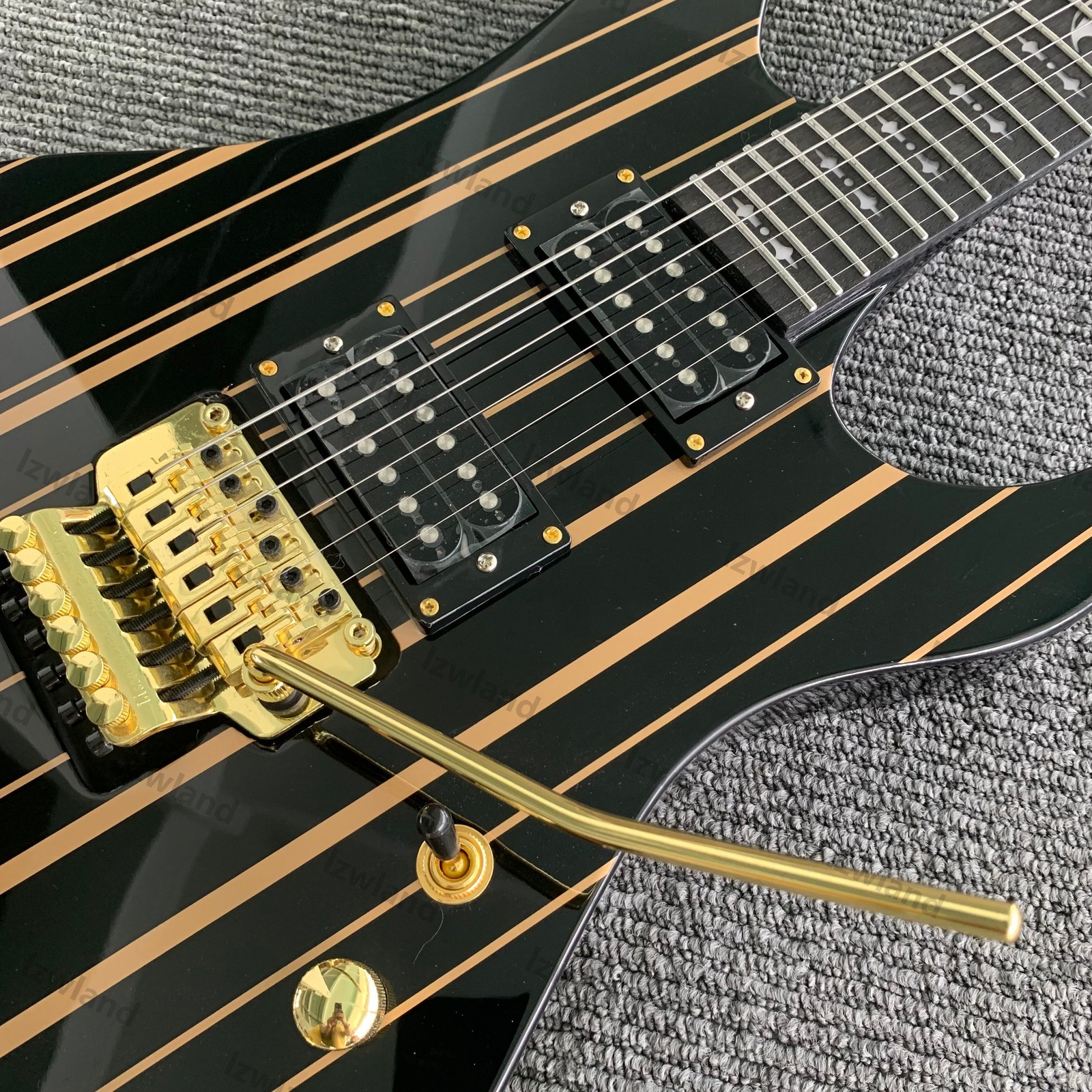 Ledux Electric Guitar Tremolo H-H Pickups Black Finish Yellow Stripe Gold HW