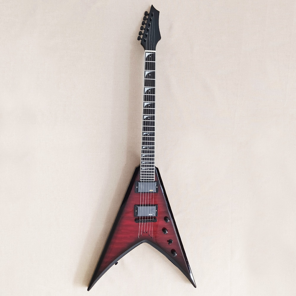 6 String Redburst V Style Electric Guitar Rosewood Fretboard Abalone Inlay