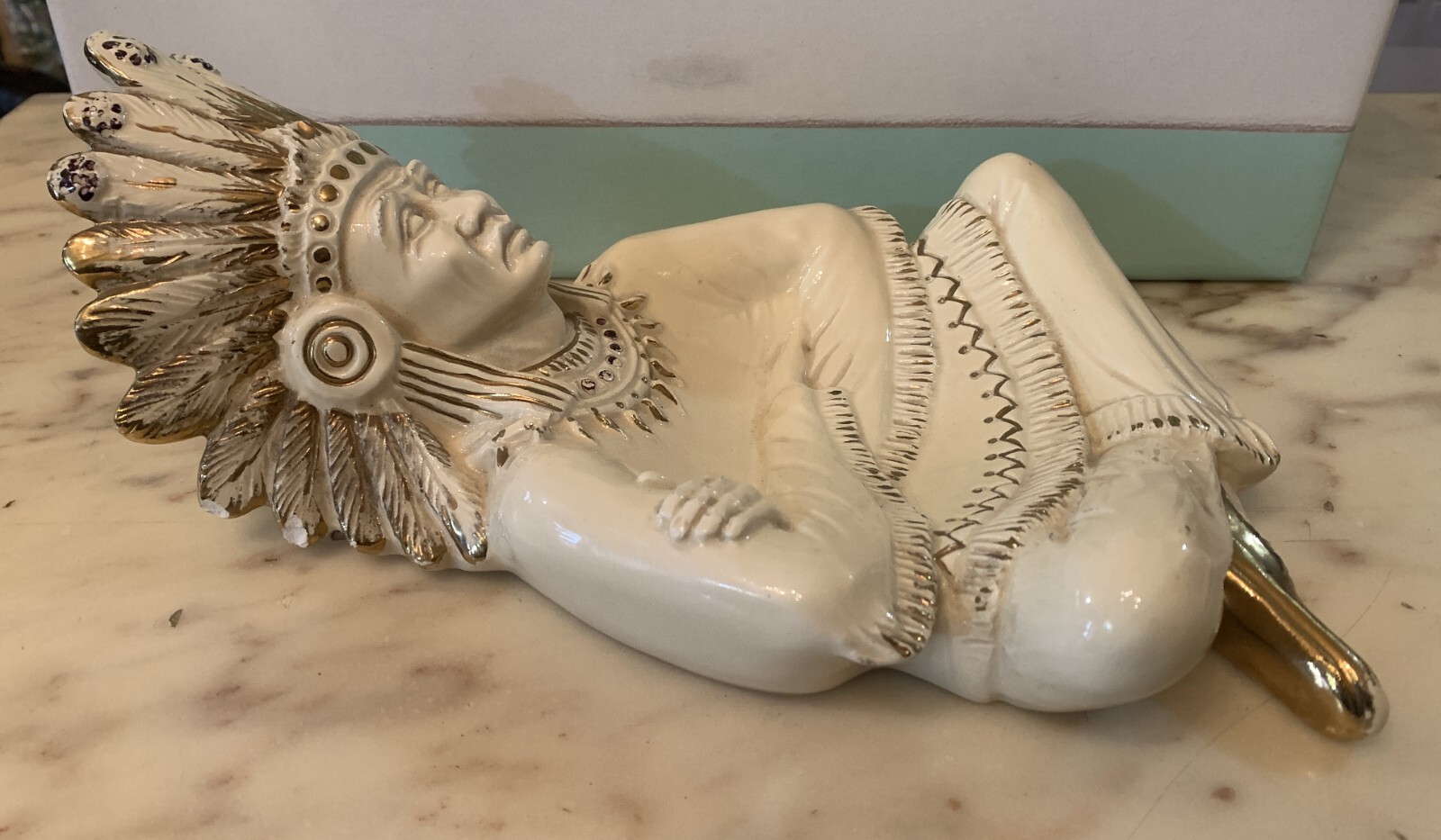 VINTAGE 11″ LARGE FIGURE CERAMIC COIN TRAY AMERICA INDIAN NATIVE MADE IN ITALY